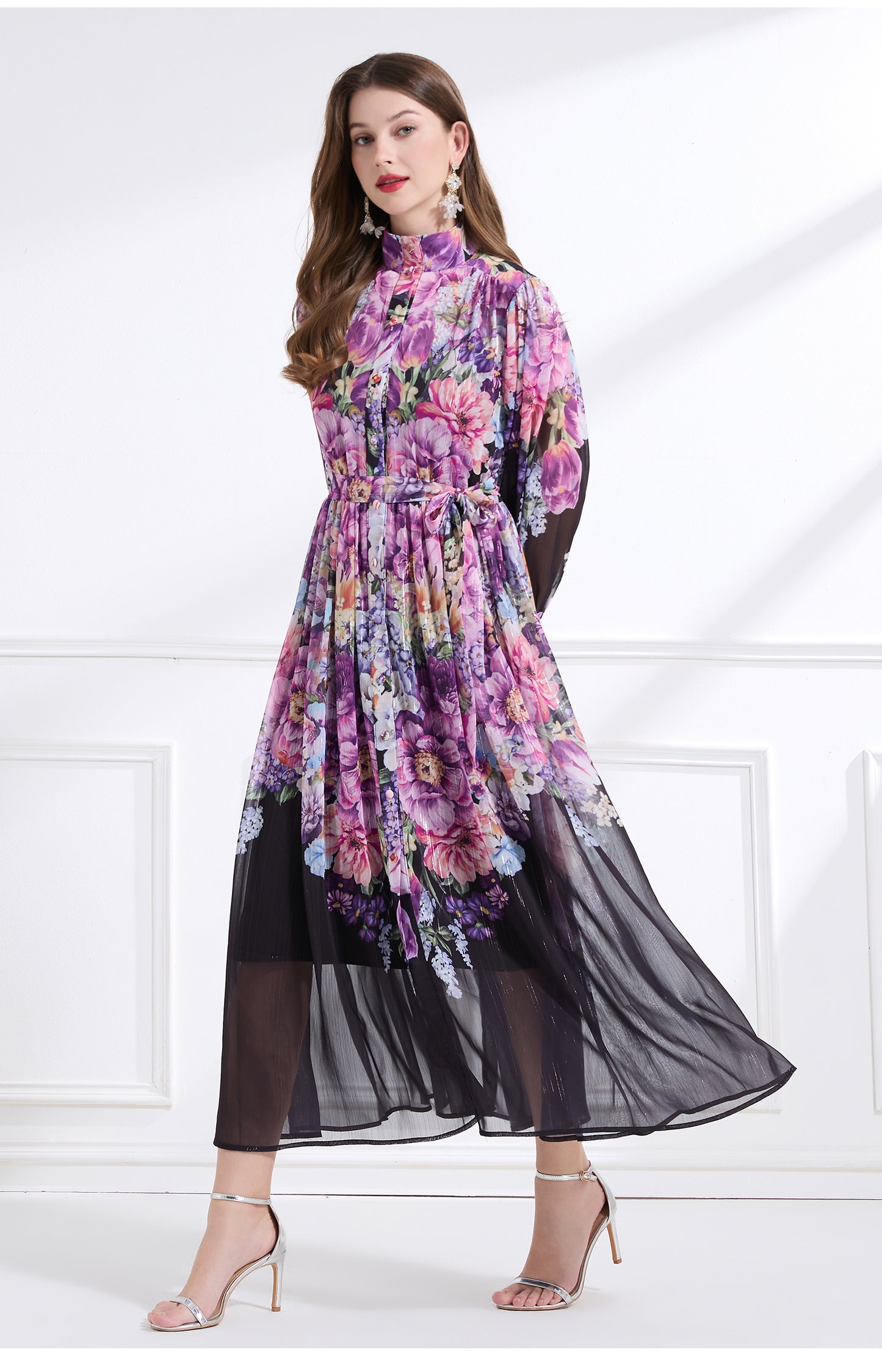 Original design - stand collar, watercolor, floral print, balloon sleeves, cinched waist, large skirt, ruffled skirt