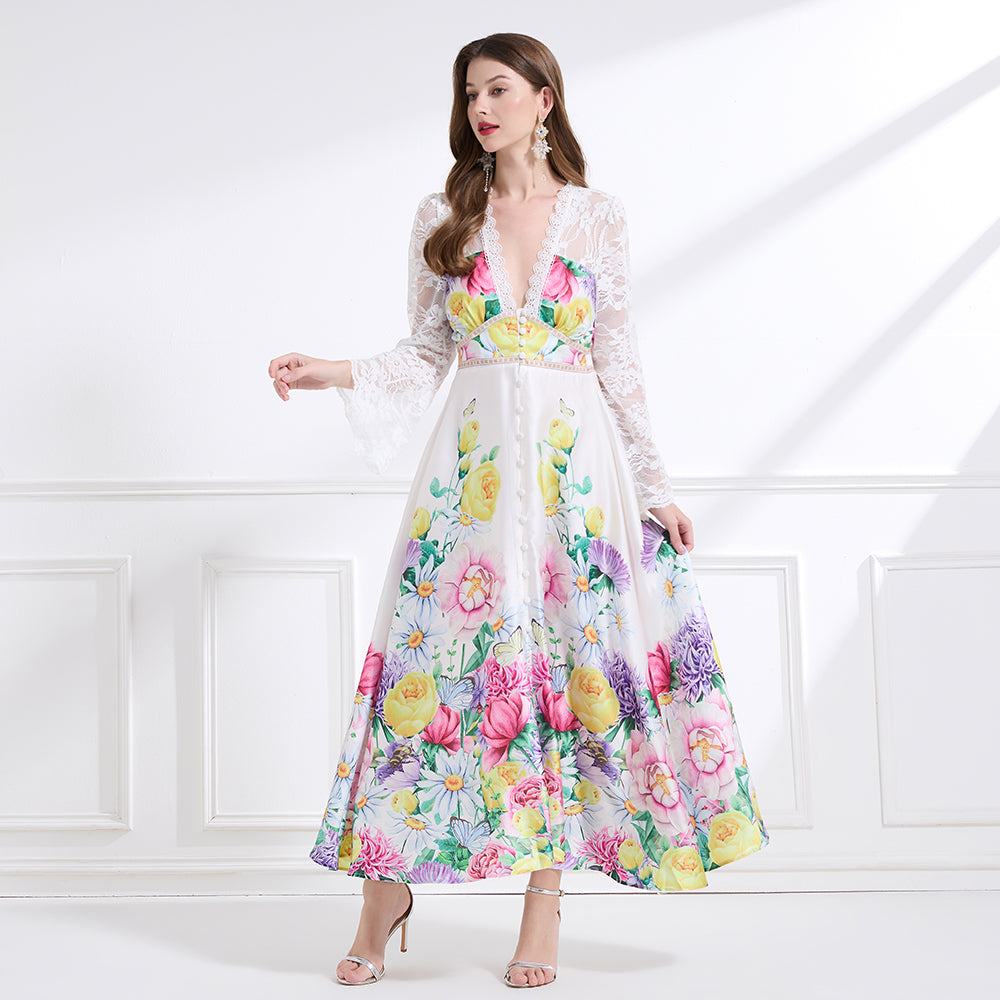 Original design - spring and summer resort style lace patchwork print waist maxi skirt ruffle dress