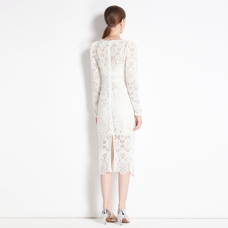 Original design for spring and summer water-soluble lace V-neck slim fit mid length dress for women