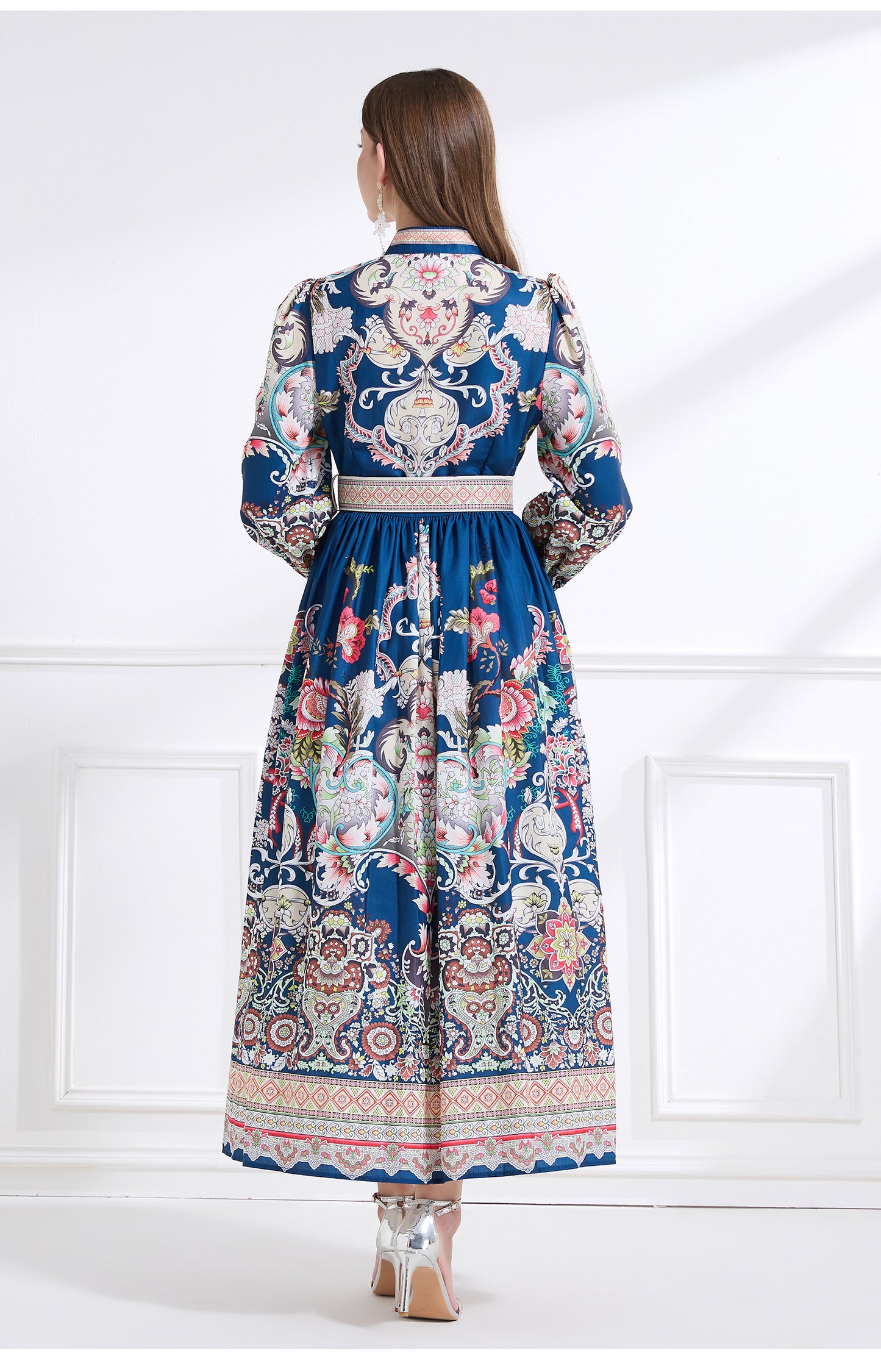 Original design - Spring, Summer, Autumn court style stand collar vintage print balloon sleeve ruffled maxi dress