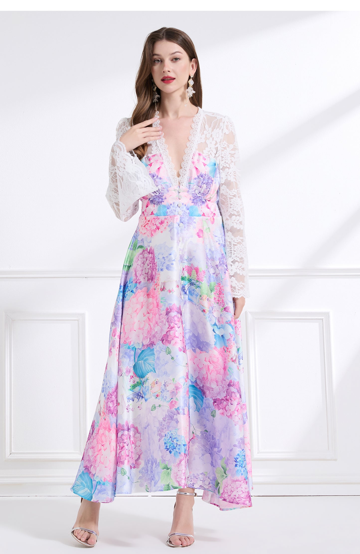 Original design - spring and summer resort style lace patchwork print waist maxi skirt ruffle dress