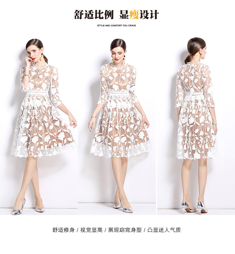 Original design mid long sleeved high-end fashion, slimming and hollowed out water-soluble lace mid length dress