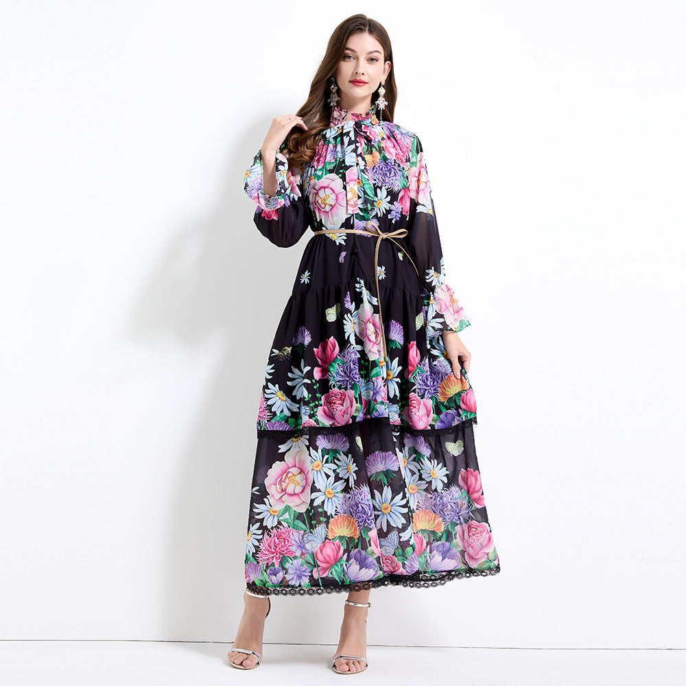 Original design - spring and summer fake lace cake skirt floral print waist ruffle skirt