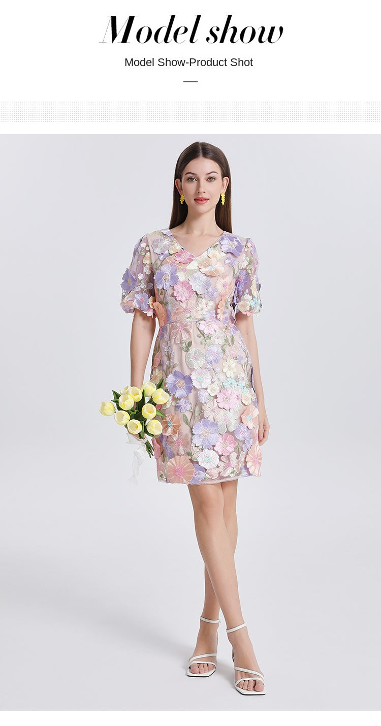 Original Design Heavy Industry Embroidery Boutique Handmade Color Customized Flower V-neck Bubble Sleeve Wrap Hip Dress