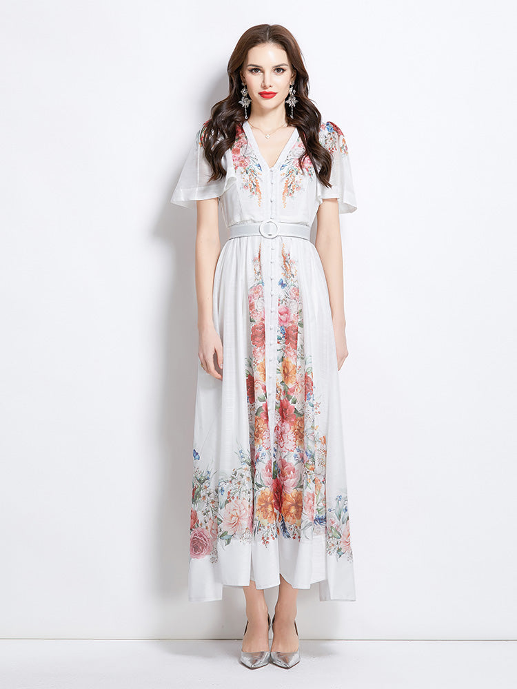 Original design of a vintage long dress with watercolor floral short sleeves for spring and summer