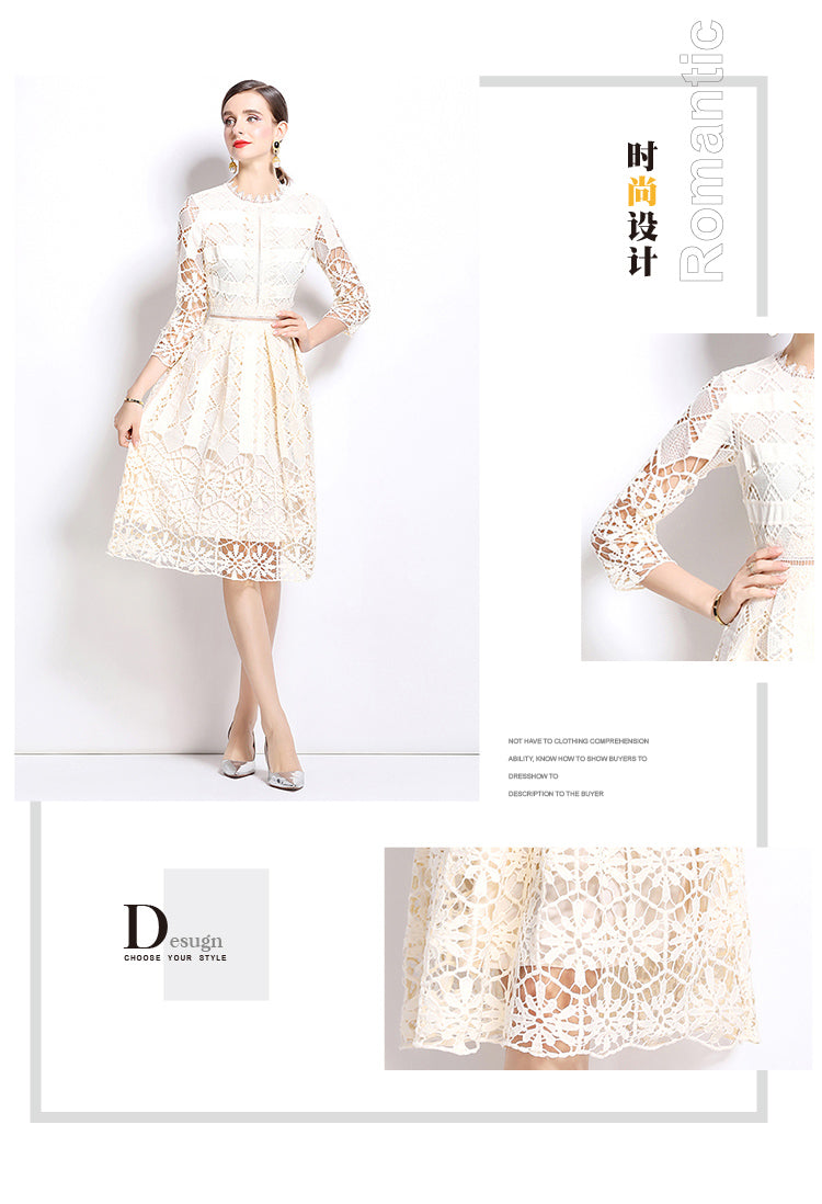 Original design mid long sleeved slimming hollow out water-soluble lace positioning printed mid length dress for spring, summer, autumn vacation
