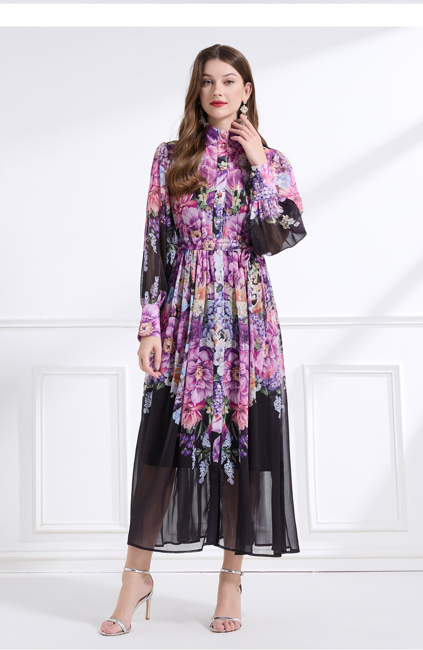 Original design - stand collar, watercolor, floral print, balloon sleeves, cinched waist, large skirt, ruffled skirt