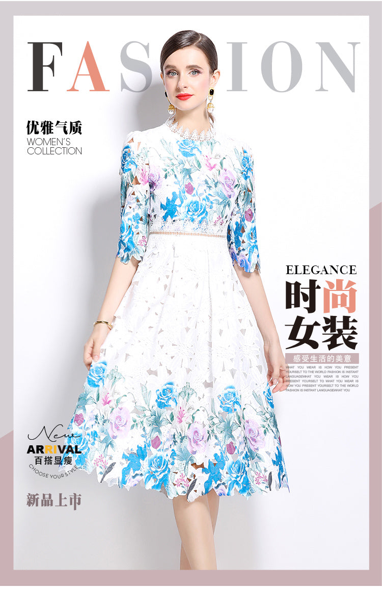 Original design mid long sleeved fashionable slimming hollow out water-soluble lace positioning mid length dress