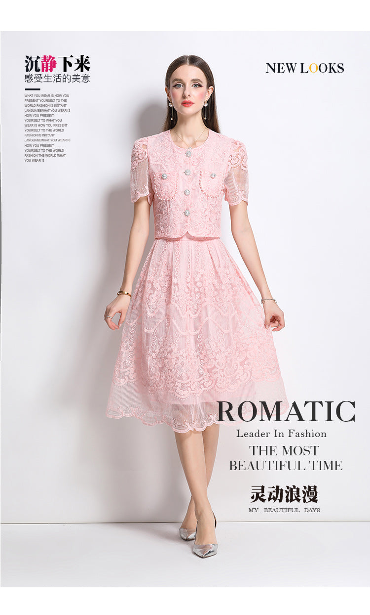 Original design for spring and summer small fragrance style set light luxury and high-end water-soluble lace skirt two-piece set
