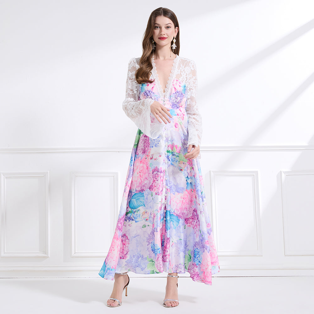 Original design - spring and summer resort style lace patchwork print waist maxi skirt ruffle dress