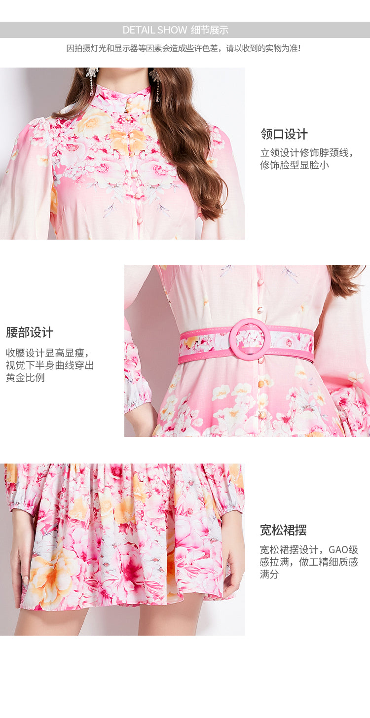 Original Design Spring/Summer Autumn Vacation New Flower Oil Painting Style Stand up Collar Long Dress