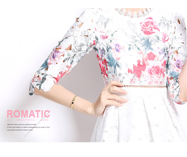 Original design mid long sleeved fashionable slimming hollow out water-soluble lace positioning mid length dress
