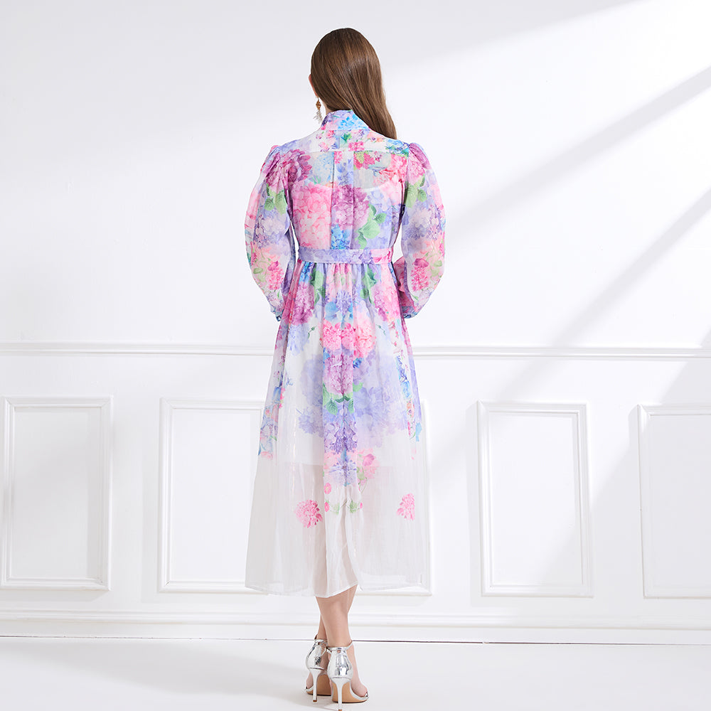 Original design - stand collar, watercolor, floral print, balloon sleeves, cinched waist, large skirt, ruffled skirt