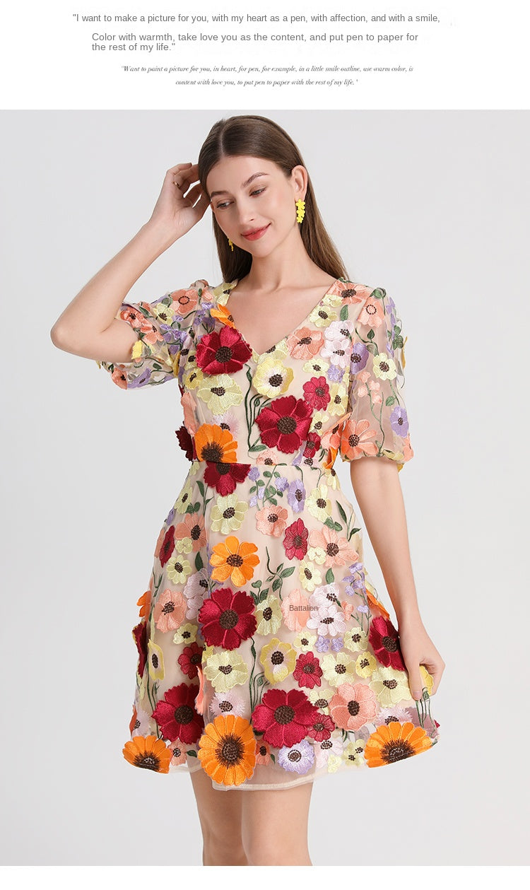 Meizhonggong boutique color handmade three-dimensional embroidered puff sleeve French pendulum dress