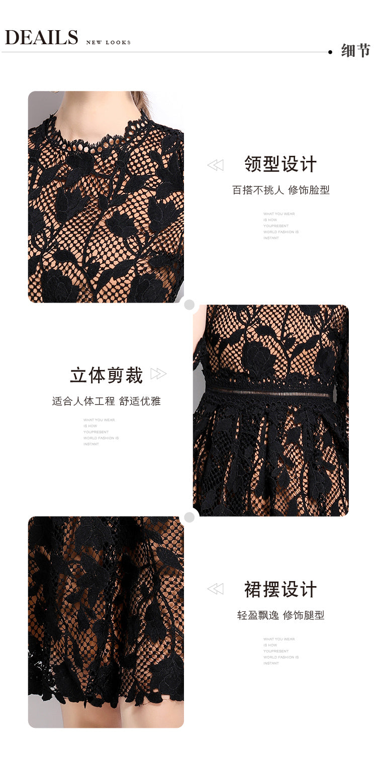 Original design mid long sleeved fashionable slimming hollow out water-soluble lace positioning mid length dress