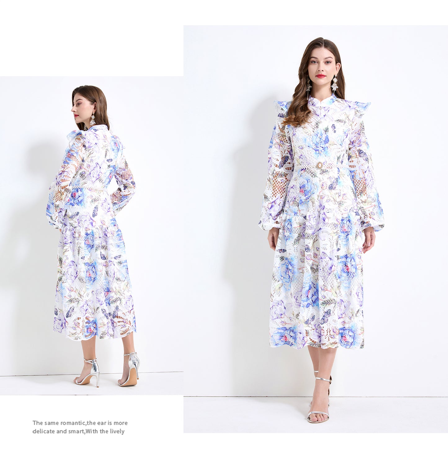 Original design - Spring/Summer vintage stand collar floral print heavy industry water-soluble long waist lace dress