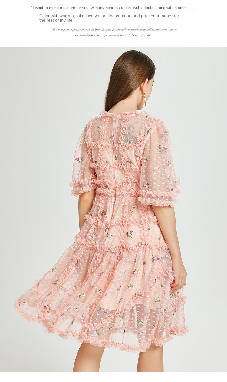 Artwork French romantic boutique custom gauze small floral embroidery short vintage cake dress