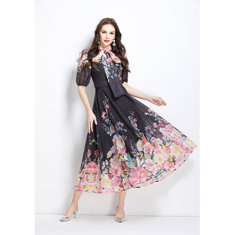 Original Design Spring/Summer Vacation New Oil Painting Flower Bubble Sleeve Medium length Dress