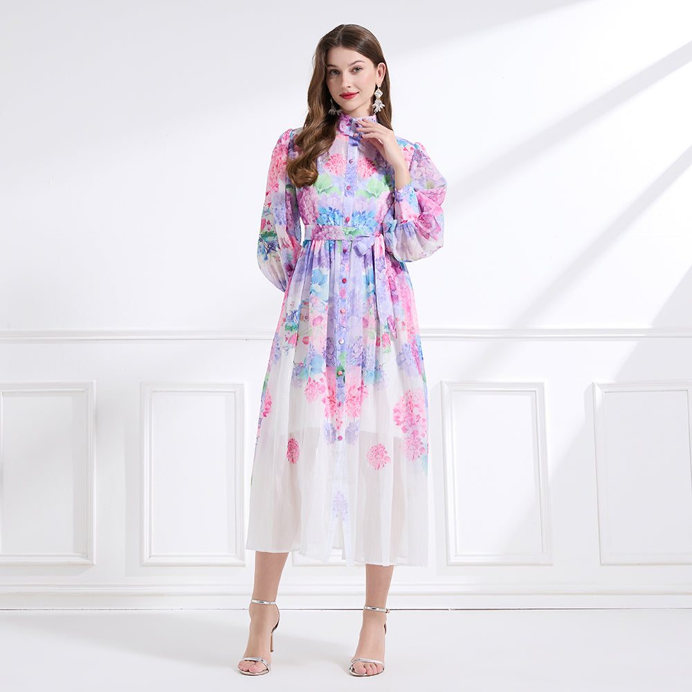Original design - stand collar, watercolor, floral print, balloon sleeves, cinched waist, large skirt, ruffled skirt