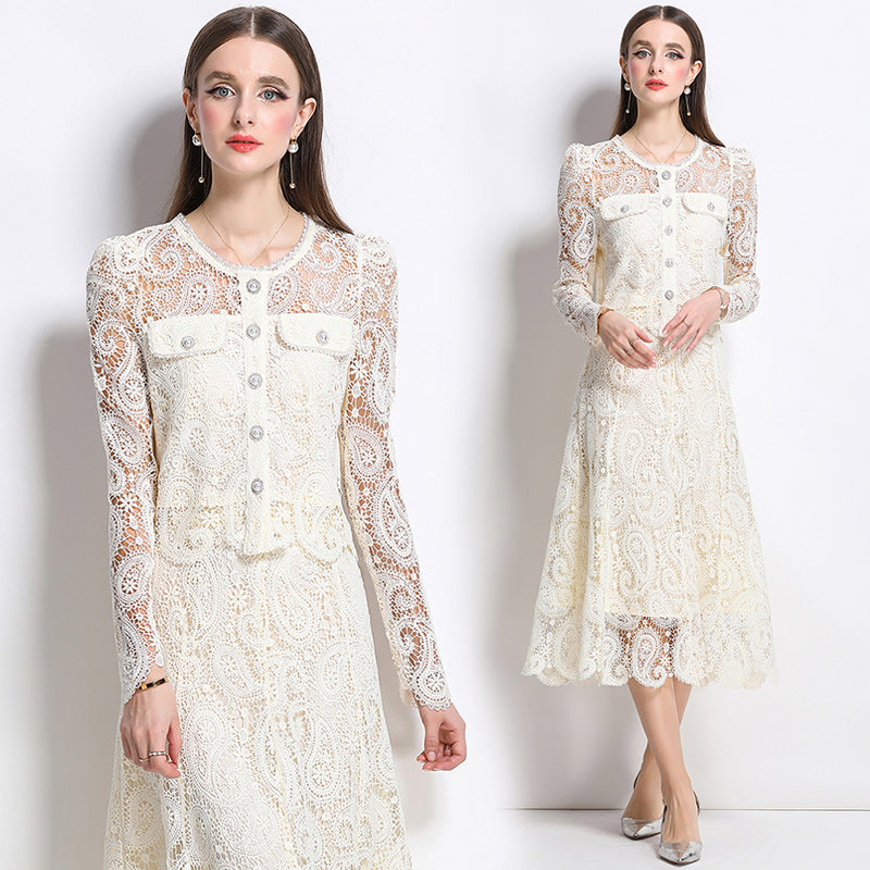 Real shot spot8583# New Style Chanel-Inspired Set Light Luxury High-End Water-Soluble Lace Skirt Two-Piece Set