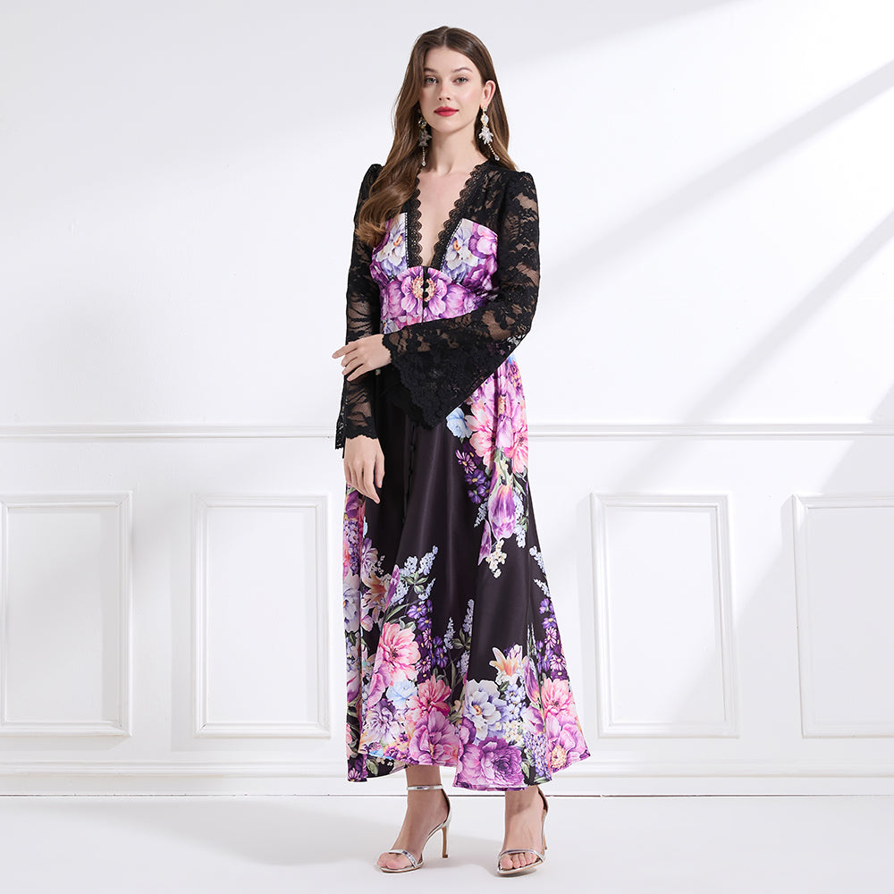 Original design - resort-inspired lace patchwork print cinched waist maxi dress with ruffles