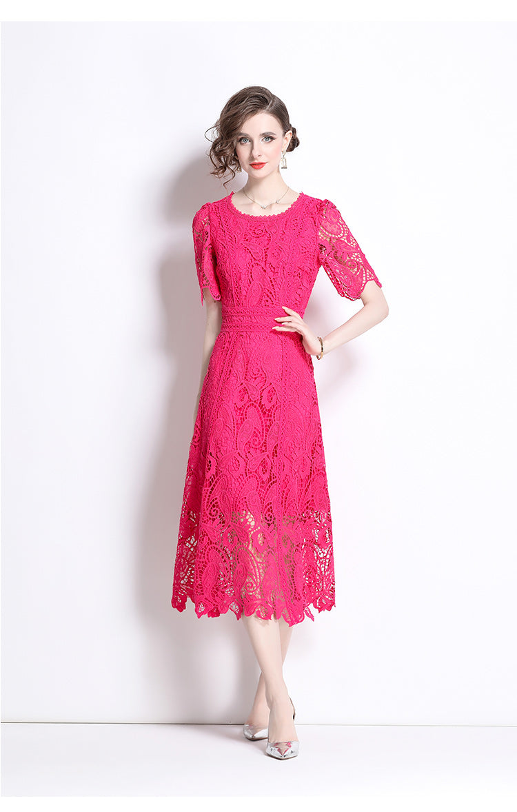 Original design temperament short sleeved skirt slim fit waist cinching heavy industry water-soluble lace dress for women