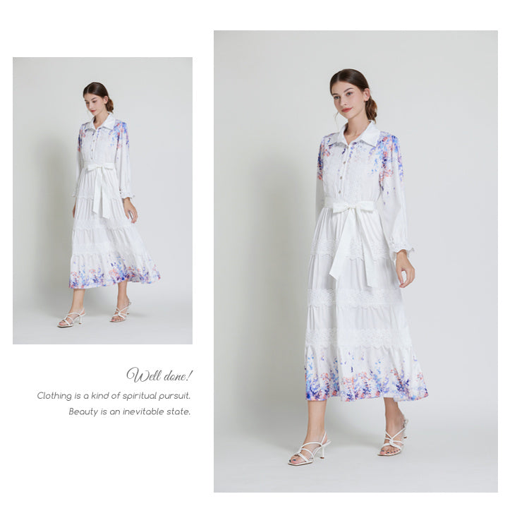 Original design fashionable bohemian lapel lace border lantern sleeves cinched waist long printed dress