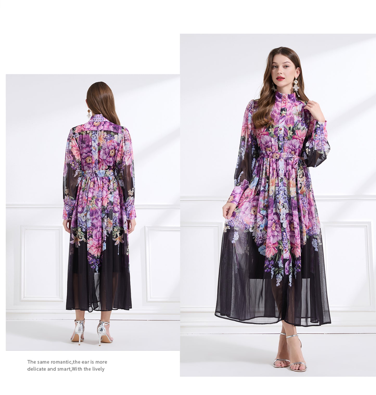 Original design - stand collar, watercolor, floral print, balloon sleeves, cinched waist, large skirt, ruffled skirt