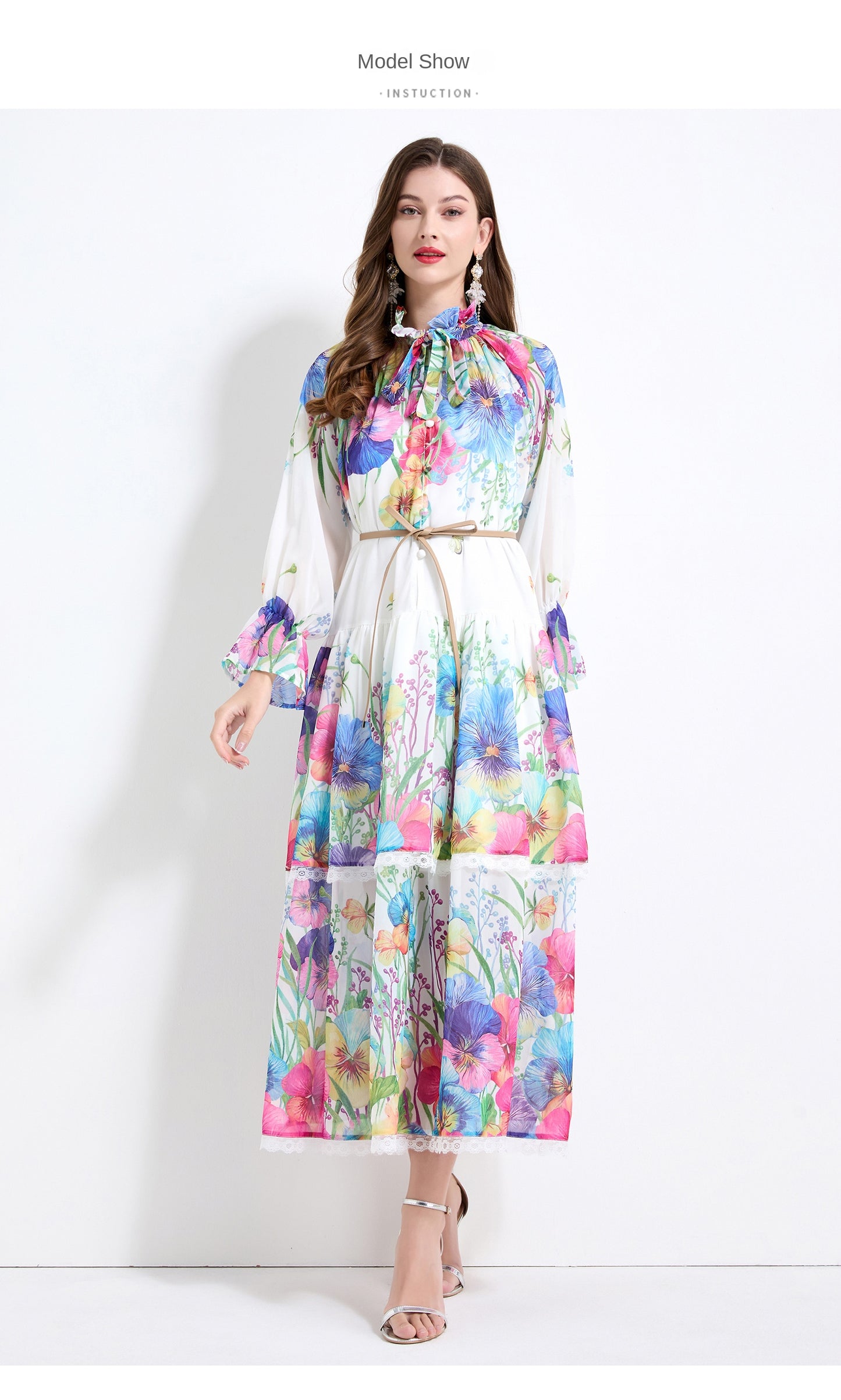 Original design - spring and summer fake lace cake skirt floral print waist ruffle skirt
