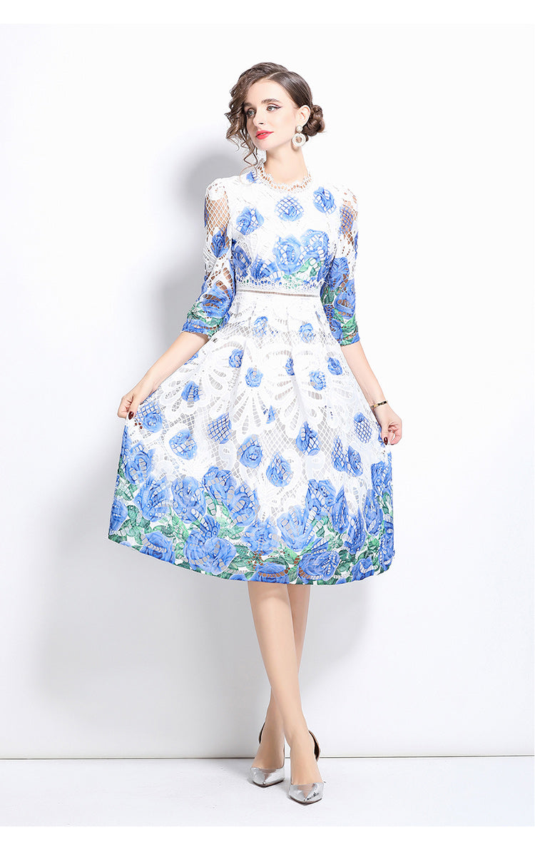 Original design mid long sleeved fashionable slimming hollow out water-soluble lace positioning mid length dress