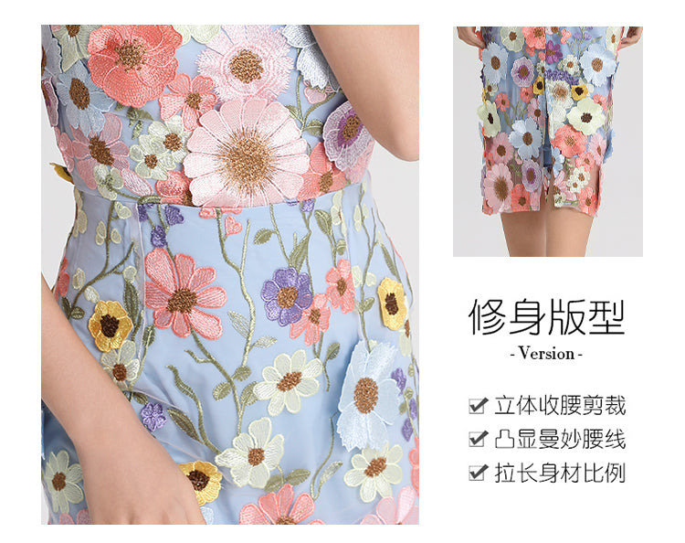 Art embroidery boutique color hand-ordered vintage V-neck slit wrap hip dress