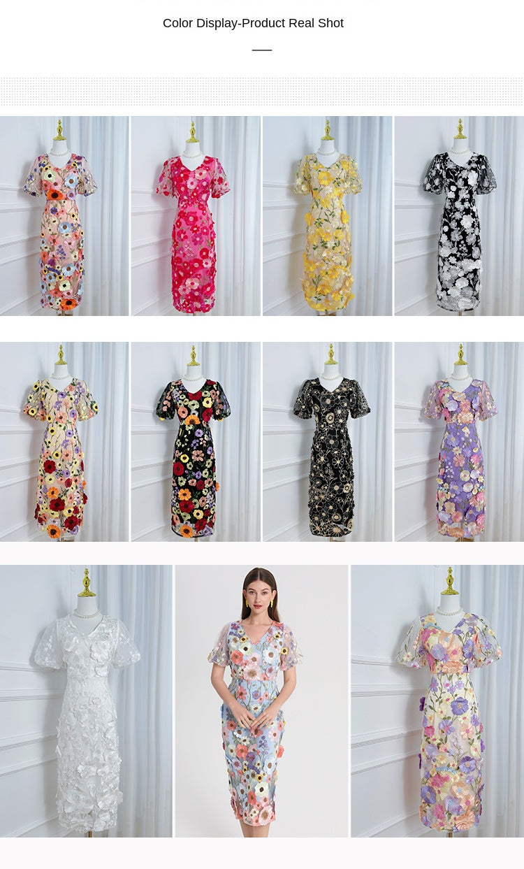 Original Design Heavy Industry Embroidered Boutique Color Handmade Customized Vintage V-neck Split Hip Wrap Dress