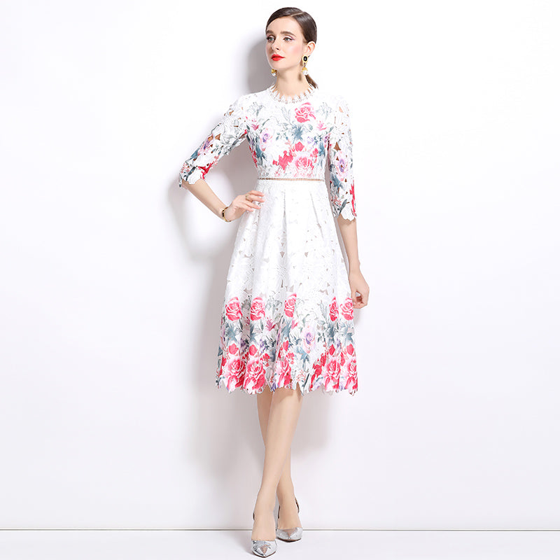 Original design mid long sleeved fashionable slimming hollow out water-soluble lace positioning mid length dress