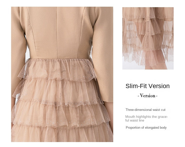 Original design exquisite mesh cake skirt patchwork suit dress temperament fake 2pieces