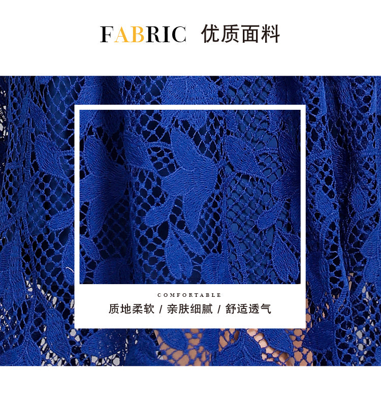 Original design mid long sleeved fashionable slimming hollow out water-soluble lace positioning mid length dress