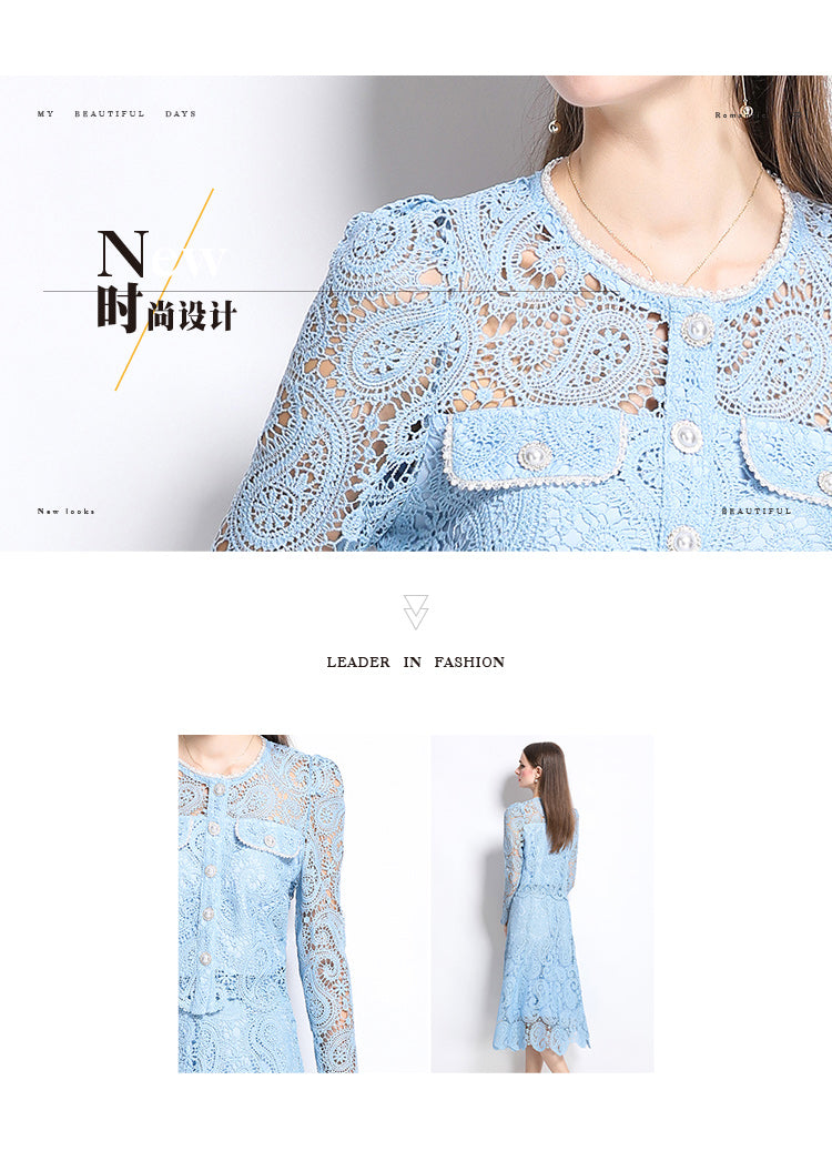 Original design for spring and summer small fragrance style set light luxury and high-end water-soluble lace skirt two-piece set
