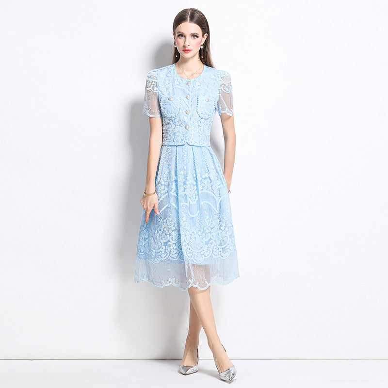 Original design for spring and summer small fragrance style set light luxury and high-end water-soluble lace skirt two-piece set