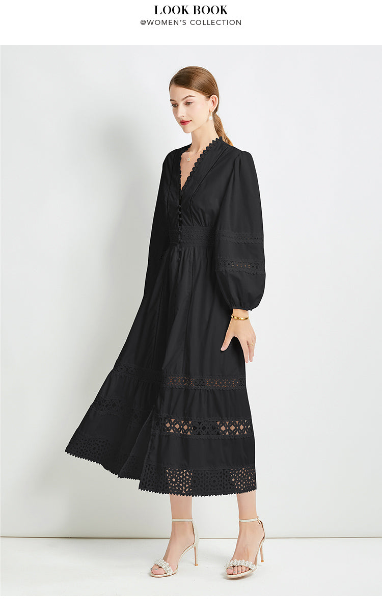 Original design fashionable temperament V-neck patchwork lace hollow out design sense long sleeved waist cinching dress