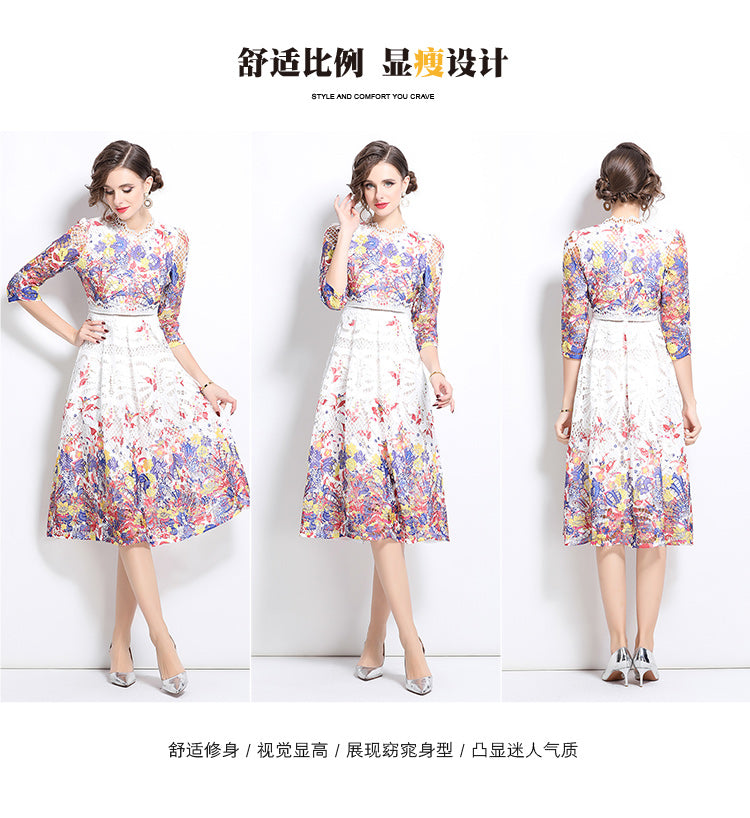 Original design mid long sleeved fashionable slimming hollow out water-soluble lace positioning mid length dress