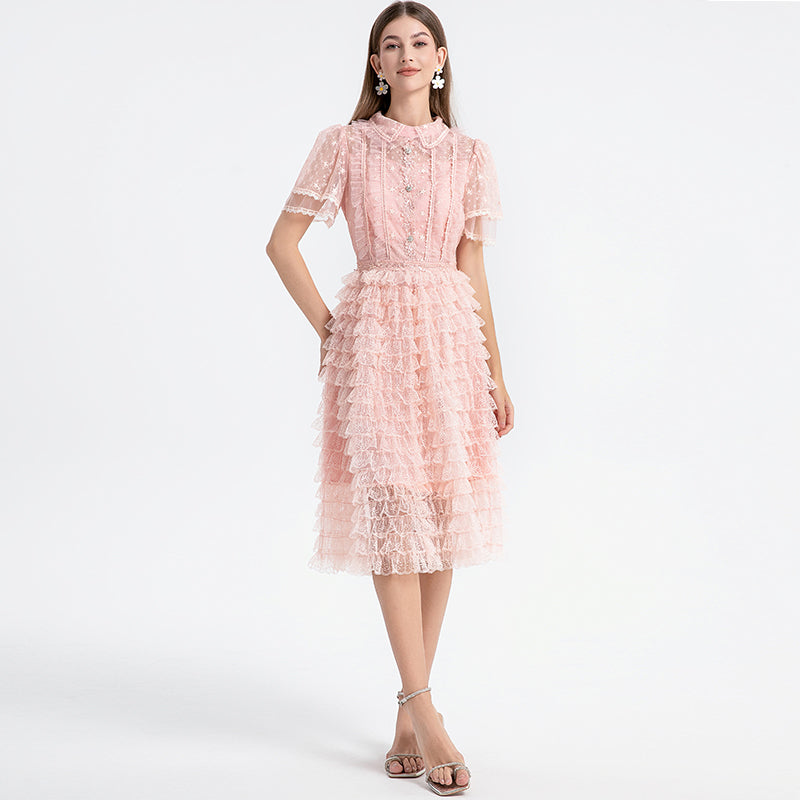 Original design short sleeved French sweet lace lace cake skirt with nail and diamond waist cinching temperament dress