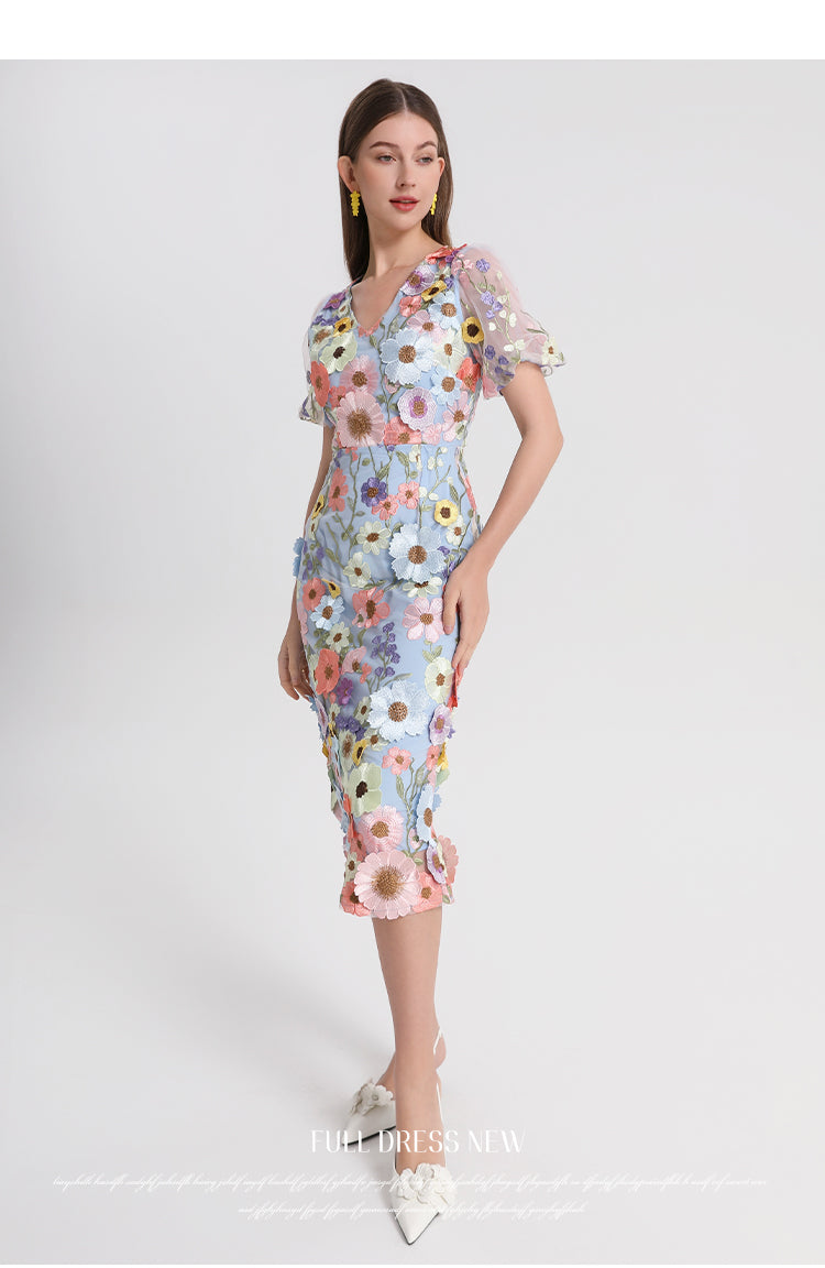 Art embroidery boutique color hand-ordered vintage V-neck slit wrap hip dress