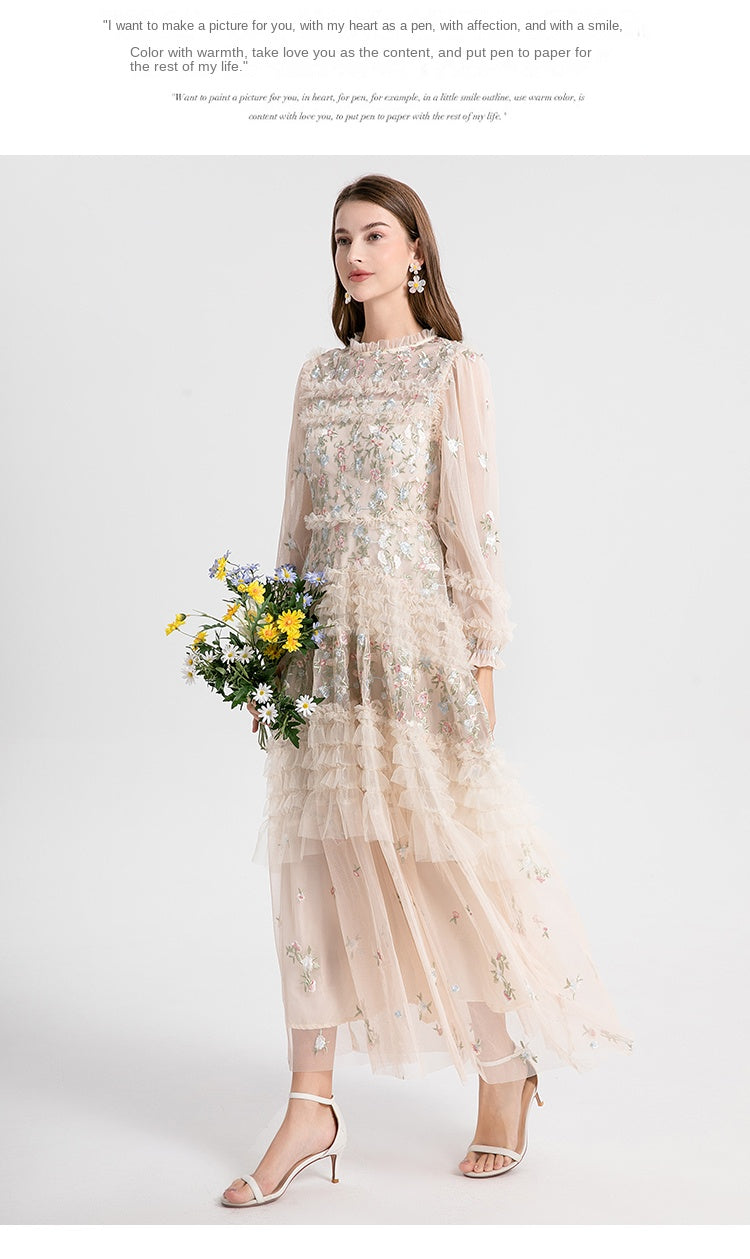 Original design spring, summer, autumn women's clothing pastoral forest temperament heavy industry color embroidered fungus edge swing dress