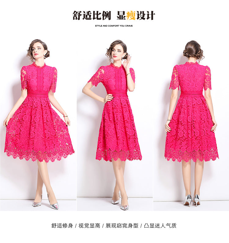Original design short sleeved slimming hollow out water-soluble lace positioning mid length dress