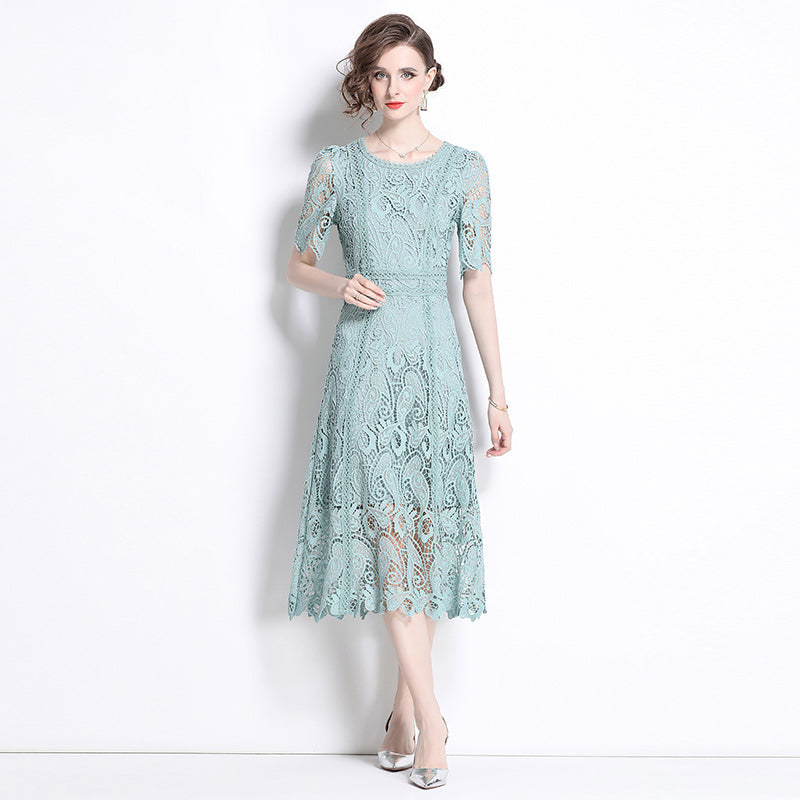 Original design temperament short sleeved skirt slim fit waist cinching heavy industry water-soluble lace dress for women