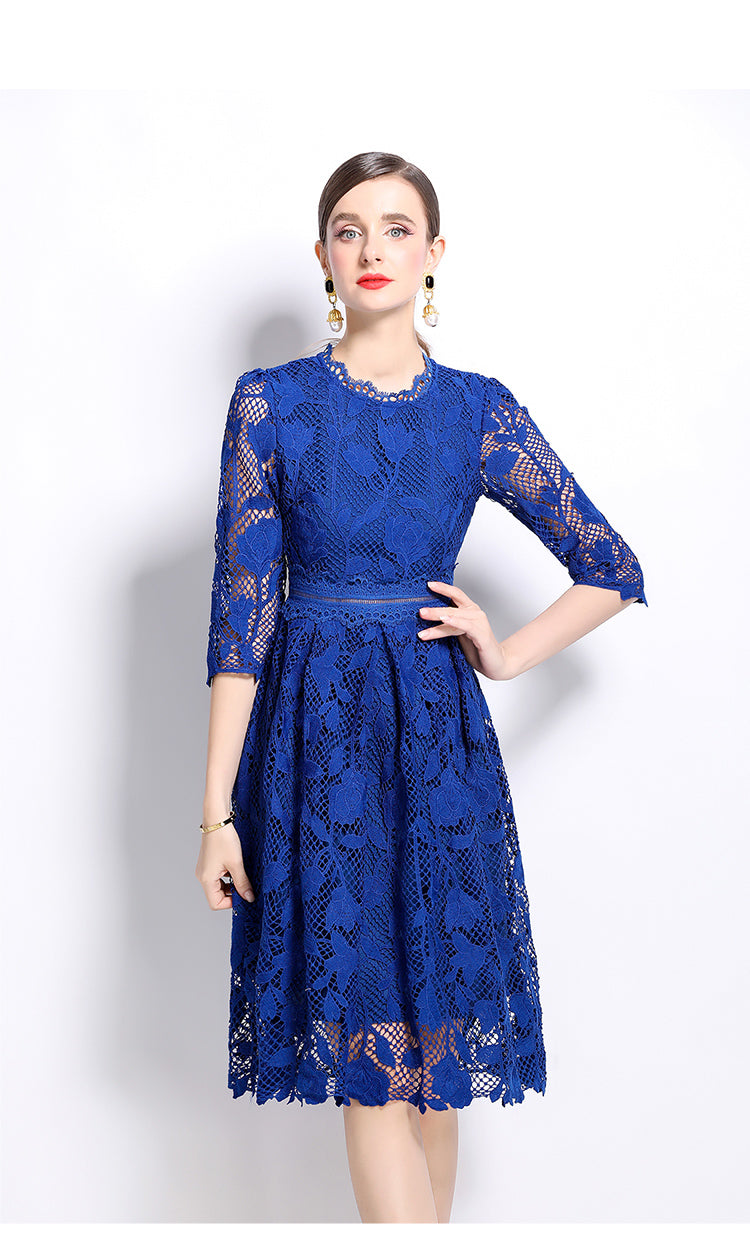 Original design mid long sleeved fashionable slimming hollow out water-soluble lace positioning mid length dress