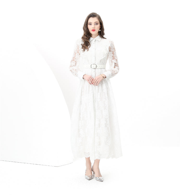 Original design: Spring, Summer, Autumn, Vacation lapel style, embroidered lace, balloon sleeves, lace, long vintage dress