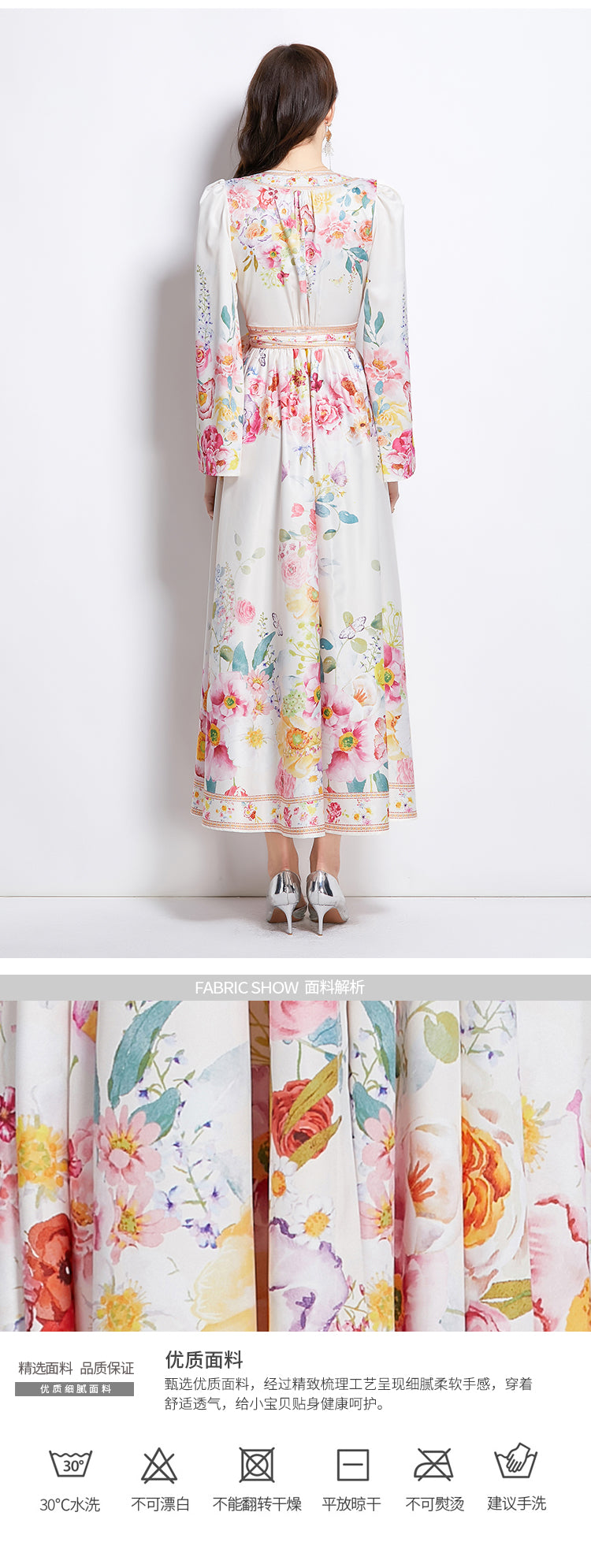 Original Design Spring/Summer New Oil Painting Flower Pattern Wrapped Mid length Dress