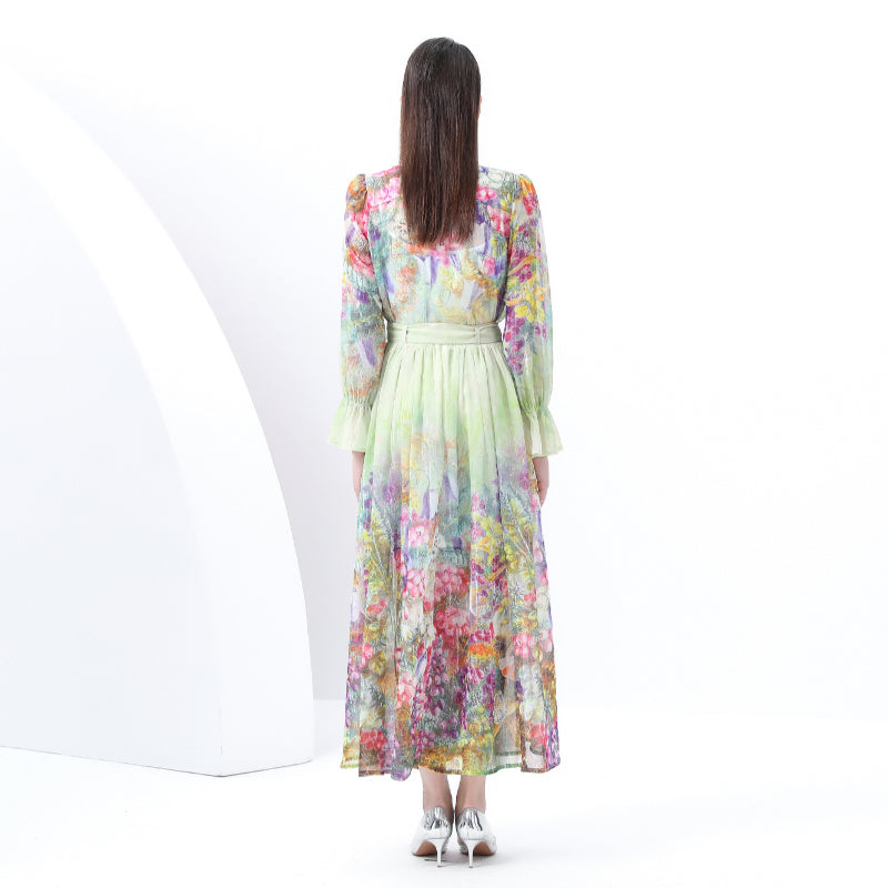 Original design - spring and summer real shot - spot light luxury heavy work chiffon splicing tape embroidery high-waisted thin temperament dress
