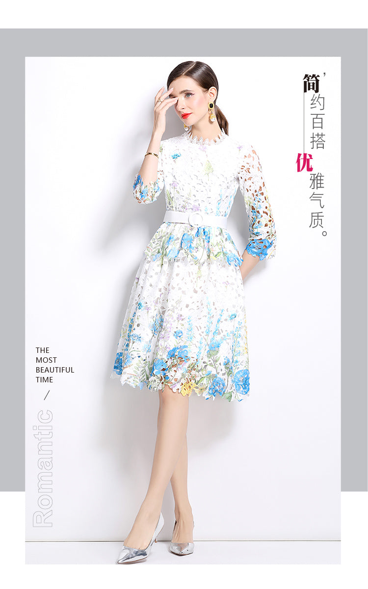 Original design mid long sleeved fashionable slimming hollow out water-soluble lace positioning mid length dress