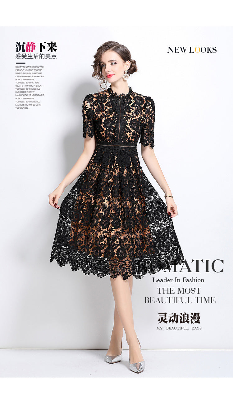 Original design short sleeved slimming hollow out water-soluble lace positioning mid length dress